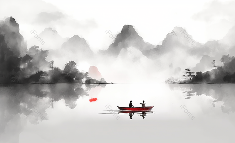 中国风国风新中式水墨山水画平静的湖面红色的小船客船远处山峰云雾背景插画,插画/手绘图,插画/手绘图库,插画/手绘图下载,插画/手绘